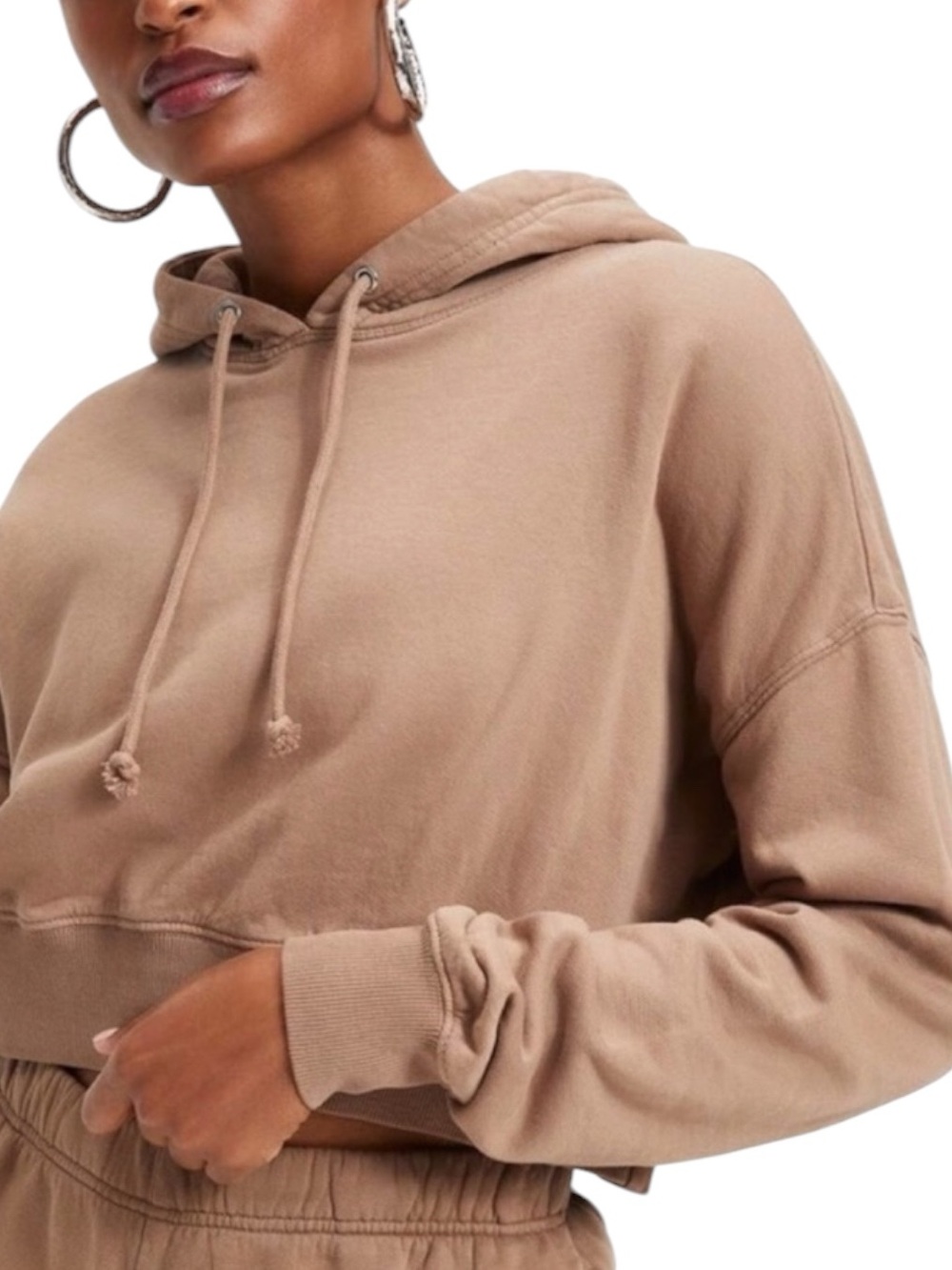 GOOD AMERICAN Cropped & Cool Hoodie in Puddy (Tan)— Casual Pullover Size 2 (MED)